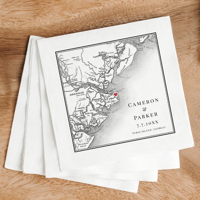 Guardanapo De Papel Casamento Elegante Do Mapa Da Geórgia Da Ilha Tybe (Elegant Tybee Island Georgia Wedding cocktail napkins with black and white map )