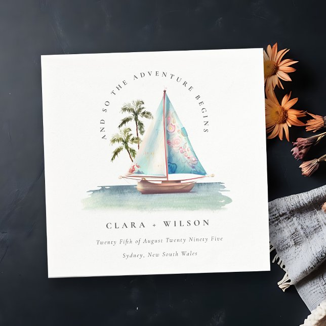 Guardanapo De Papel Casamento Elegante Dusky Teal Sailboat Palm Seasca (Criador carregado)