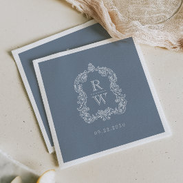 Guardanapo De Papel Casamento Elegante Monograma em Crista Vintage Azu