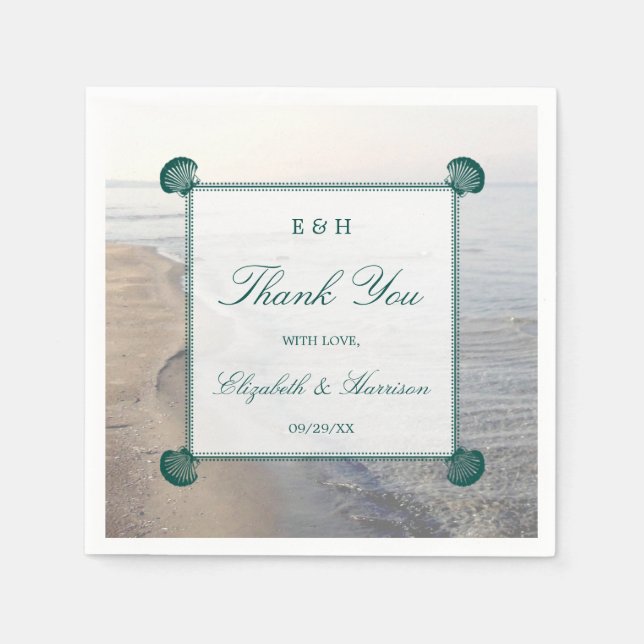 Guardanapo De Papel Casamento Elegante Monograma & Teal Scallop Beach (Frente)