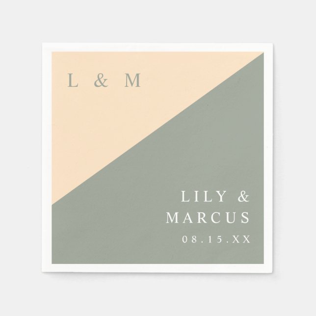 Guardanapo De Papel Casamento Elegante Monograma Verde Salvia e Creme (Frente)