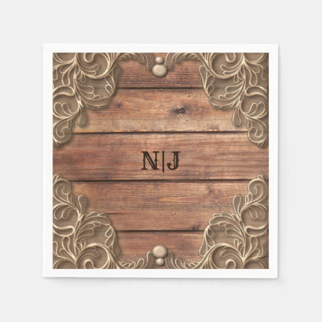 Guardanapo De Papel Casamento Elegante Ocidental de Lace Wood Rustic V (Frente)