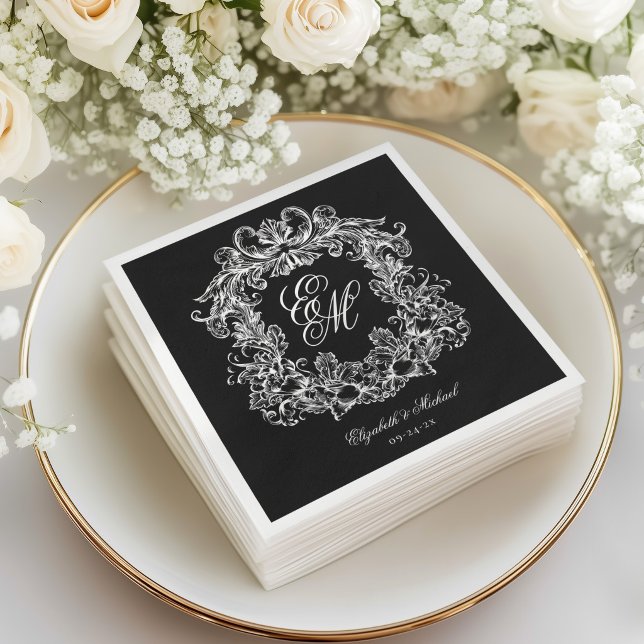 Guardanapo De Papel Casamento Elegante Preto e Branco com Crista Monog (Criador carregado)
