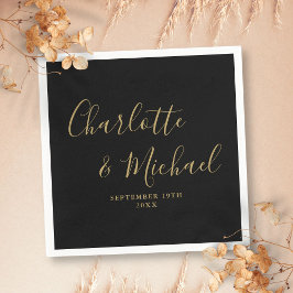 Guardanapo De Papel Casamento Elegante Preto e Dourado com Assinatura
