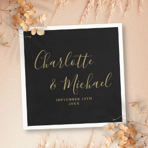 Guardanapo De Papel Casamento Elegante Preto e Dourado com Assinatura