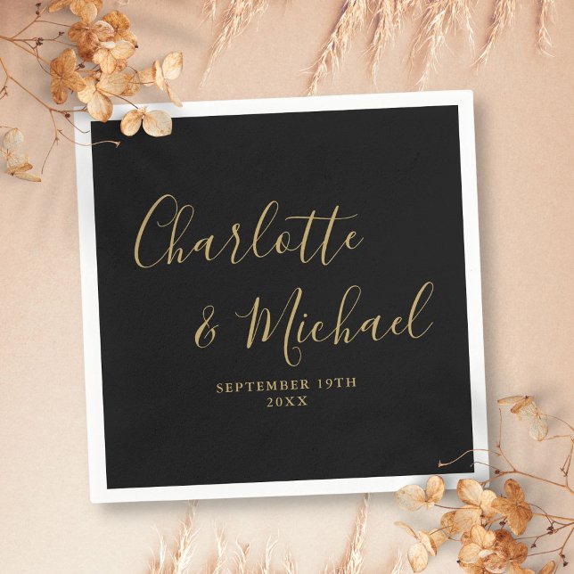 Guardanapo De Papel Casamento Elegante Preto e Dourado com Assinatura (Elegant Black And Gold Signature Wedding Napkins)