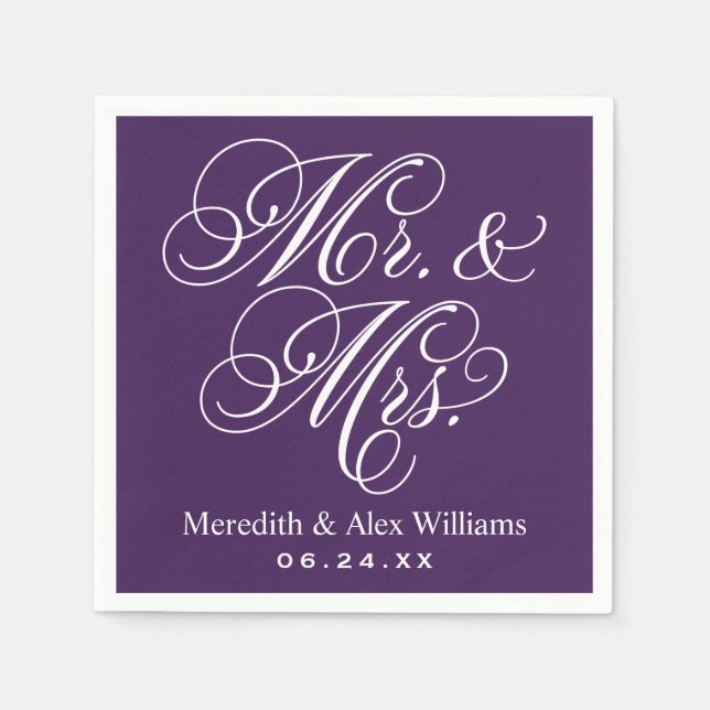 Guardanapo De Papel Casamento Elegante Roxo com Letra Mr e Mrs (Frente)