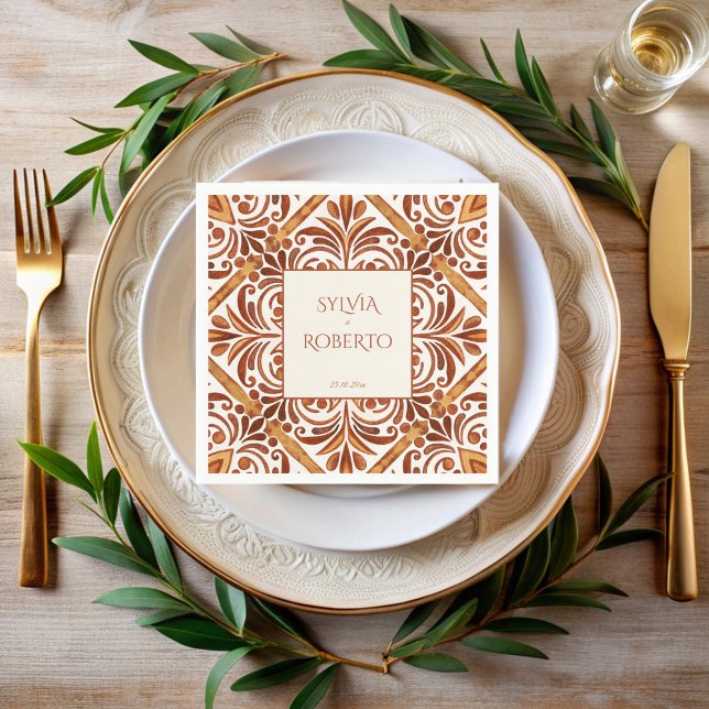 Guardanapo De Papel Casamento Elegante Terracotta Mexicano Talavera (Elegant Terracotta vintage Mexican Talavera wedding monogrammed Napkins personalized table decor)