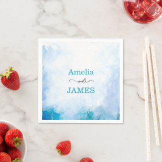 Guardanapo De Papel Casamento em aquarela azul e turquesa moderno