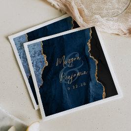 Guardanapo De Papel Casamento em Azul Naval Ágata Dourado Script
