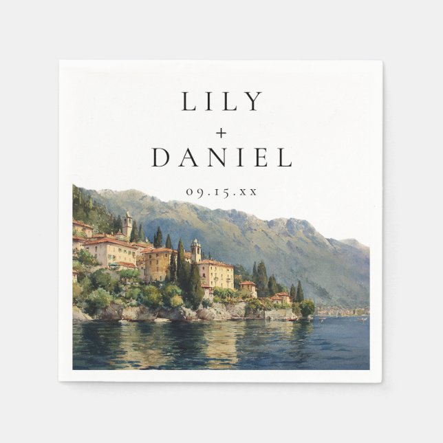 Guardanapo De Papel Casamento em Destino Italiano no Lago Como em Aqua (Frente)