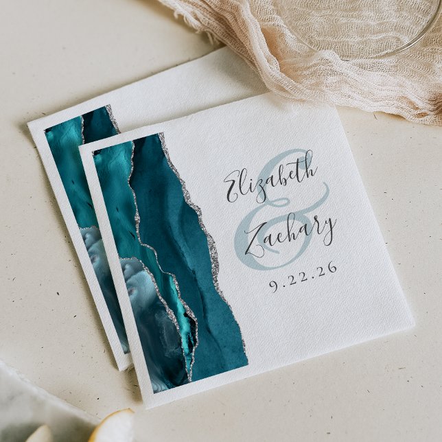 Guardanapo De Papel Casamento em Teal com Letra de Ágata Geodo Prata (Criador carregado)
