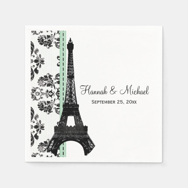 Guardanapo De Papel Casamento em Torre Eiffel da Mint Green Damask (Frente)