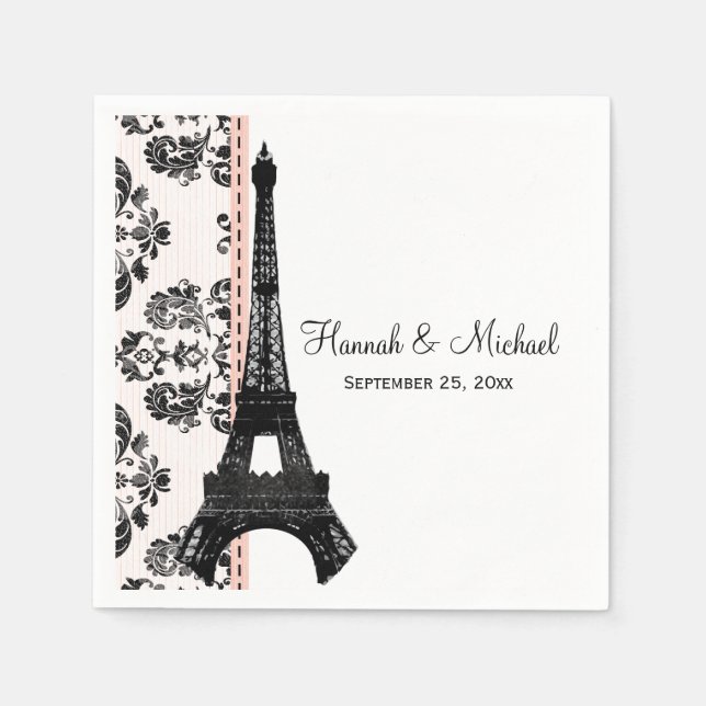 Guardanapo De Papel Casamento em Torre Eiffel, Damask Rosa (Frente)
