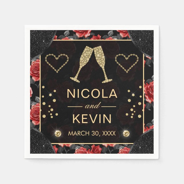 Guardanapo De Papel Casamento entre Pretos e Rosas vermelhas e Diamant (Frente)