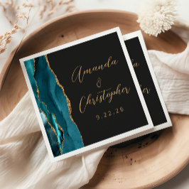 Guardanapo De Papel Casamento Escuro Ágata Azul Teal Dourado Script
