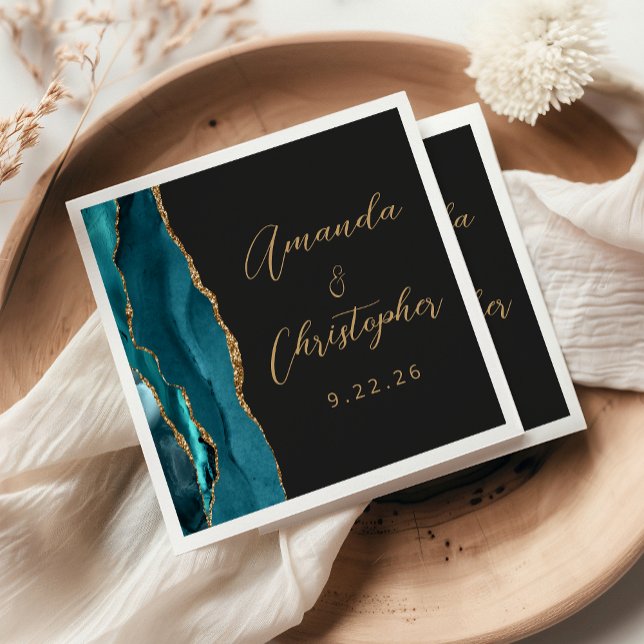 Guardanapo De Papel Casamento Escuro Ágata Azul Teal Dourado Script (Criador carregado)
