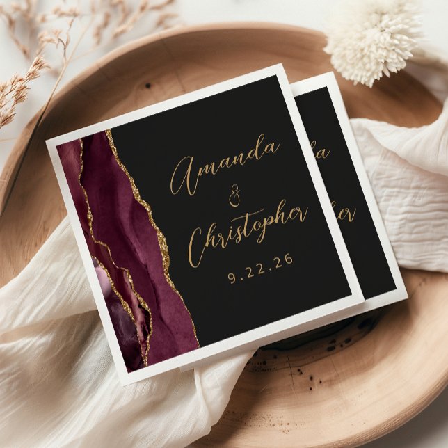Guardanapo De Papel Casamento Escuro Ágata Borgonha Dourado Script (Criador carregado)