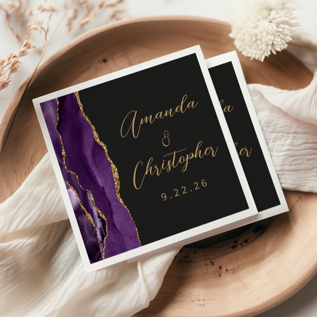 Guardanapo De Papel Casamento Escuro Ágata Roxo Dourado Script (Criador carregado)