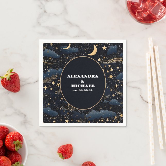 Guardanapo De Papel Casamento Estrelas Lua Azul Meia-Noite Celestial (Insitu)