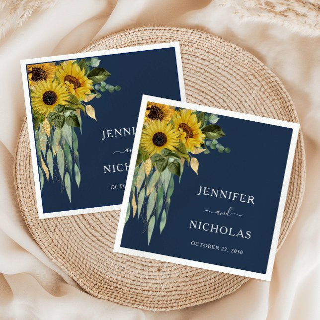 Guardanapo De Papel Casamento Eucalyptus De Girassol Floral marinho Az (Navy Blue Floral Sunflower Eucalyptus Wedding Napkins)