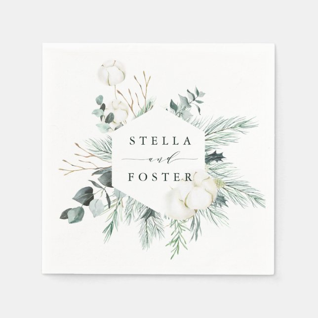 Guardanapo De Papel Casamento Evergreen & Cotton com Hexágono Elegante (Frente)