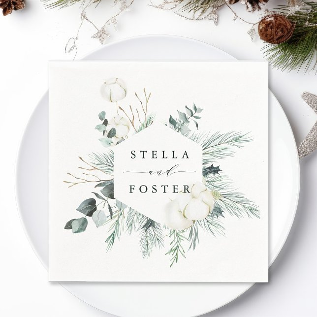 Guardanapo De Papel Casamento Evergreen & Cotton com Hexágono Elegante (Criador carregado)