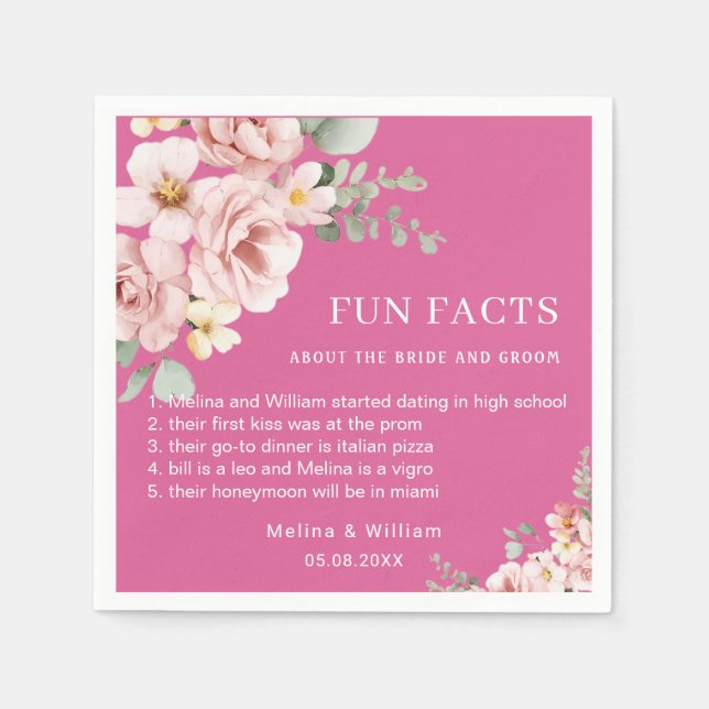 Guardanapo De Papel Casamento Fatos Divertidos Florais Rosa Moderno  (Frente)