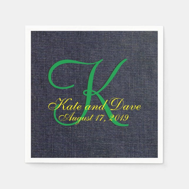 Guardanapo De Papel Casamento Faux Blue Jean Denim Cloth Monograma (Frente)