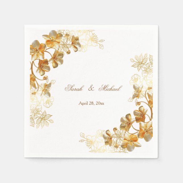 Guardanapo De Papel Casamento Floral 3D Dourado   (Frente)