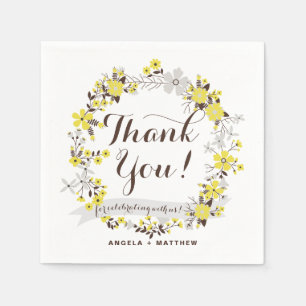 Guardanapo De Papel Casamento Floral Amarelo e Cinza Obrigado