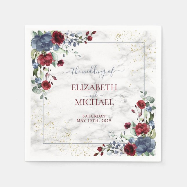 Guardanapo De Papel Casamento Floral Azul-Borgonha-Luz (Frente)