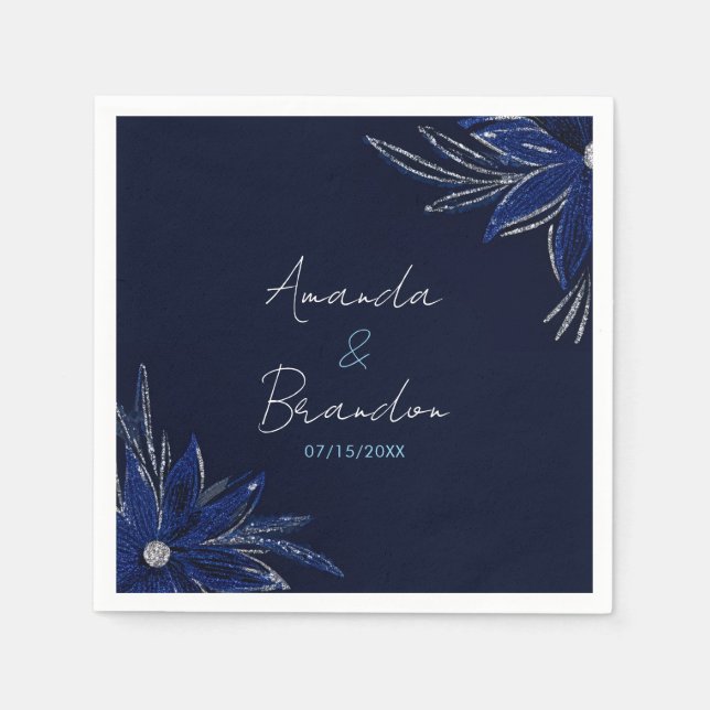 Guardanapo De Papel Casamento Floral Azul Chic Silver e Marinho (Frente)