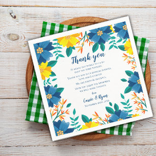 Guardanapo De Papel Casamento Floral Azul e Amarelo - Obrigado Mensage