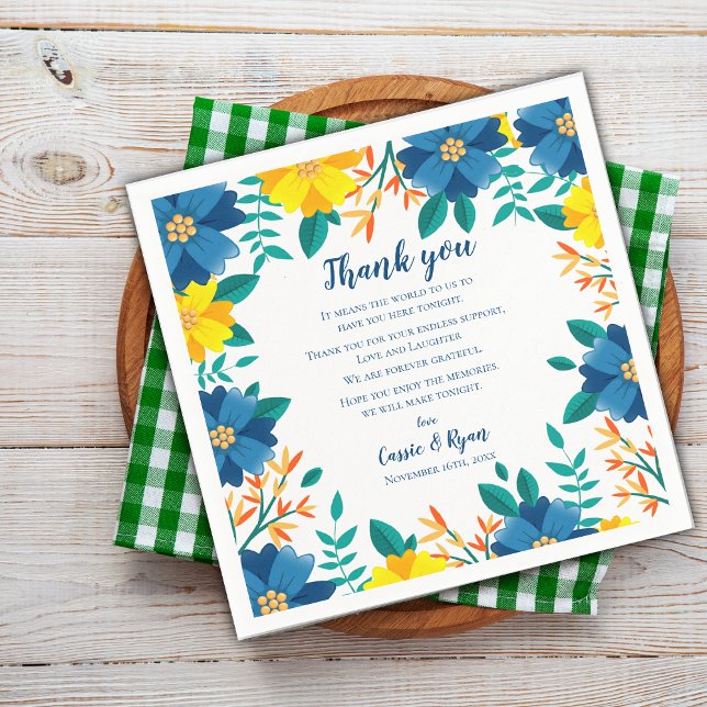 Guardanapo De Papel Casamento Floral Azul e Amarelo - Obrigado Mensage (Blue and Yellow Floral Wedding Thank you Message Napkins)