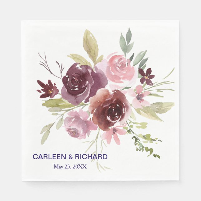 Guardanapo De Papel Casamento Floral Azul Marinho Vermelho Burgundy (Frente)