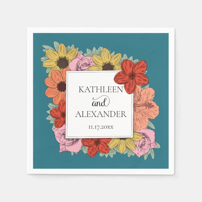 Guardanapo De Papel Casamento Floral Azul-Teal Brilhante (Frente)