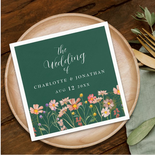 Guardanapo De Papel Casamento Floral Boho Verde Flor Silvestre (Personalized Wildflower boho floral green & elegant white script Wedding napkins meadow flowers)