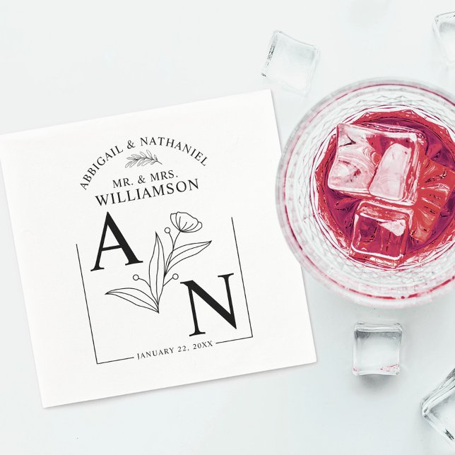 Guardanapo De Papel Casamento Floral Botânico Negro e Branco (Criador carregado)