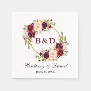 Guardanapo De Papel Casamento Floral Burgundy Wreath Monograma