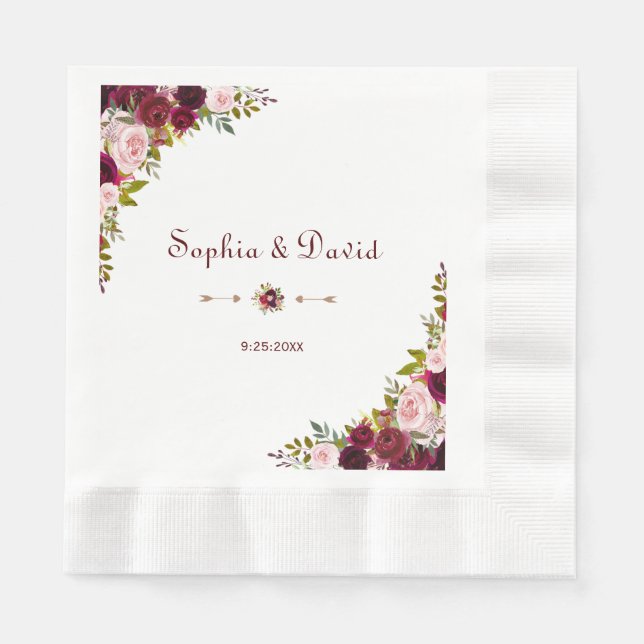 Guardanapo De Papel Casamento Floral Chic Elegant Burgundy Marsala (Frente)