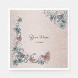 Guardanapo De Papel Casamento Floral Cobre Borboleta Bege Prata Turque