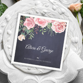 Guardanapo De Papel Casamento floral cor-de-água rosa com marinho eleg