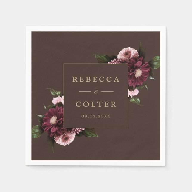 Guardanapo De Papel Casamento Floral da Elegante Brown Burgundy (Frente)