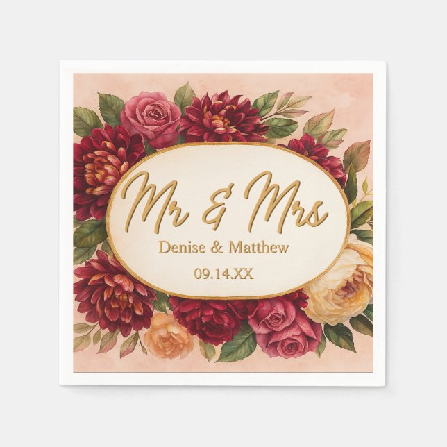 Guardanapo De Papel Casamento Floral de Aquarelas Blush Burgundy (Frente)