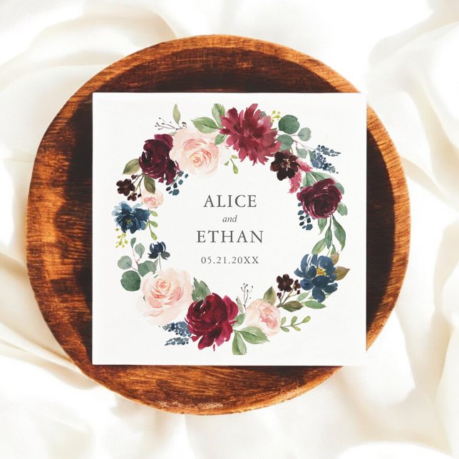 Guardanapo De Papel Casamento Floral De Borgonha E Marinho Azul (Criador carregado)