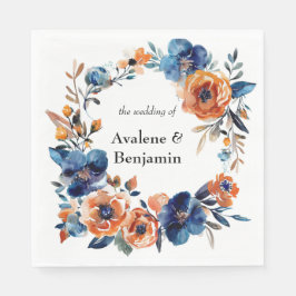 Guardanapo De Papel Casamento Floral de Cor Azul e Laranja