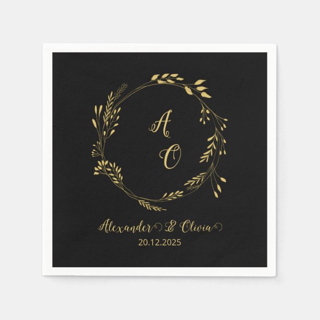 Guardanapo De Papel Casamento Floral De Dourado Luxo E Preto Napkins (Frente)