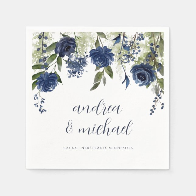 Guardanapo De Papel Casamento Floral de Flores Silvestres Azul-Marinho (Frente)