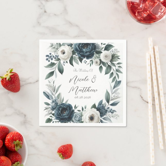 Guardanapo De Papel Casamento Floral de Marfim Elegante e marinho Azul (Insitu)